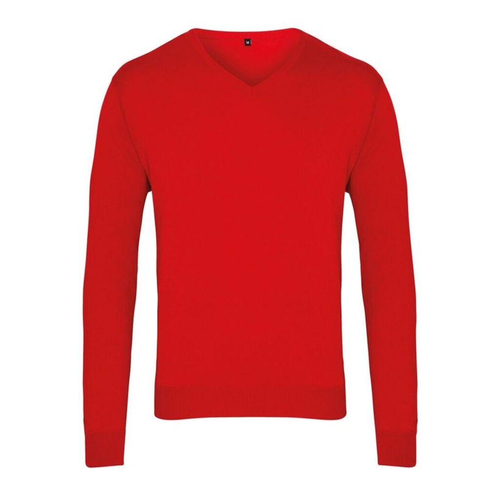 Premier Mens Knitted Cotton Acrylic V Neck Sweatshirt / Red